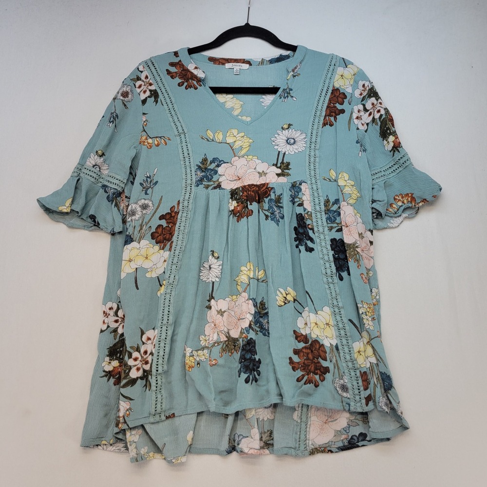Jodifl Babydoll Blouse Womens Small Blue Floral Boho Crochet Lace Bell Sleeve